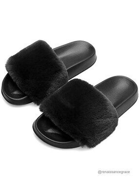 Fuzzy Faux Fur Slide Slippers Open Toe Non-Slip EVA Sole Women House